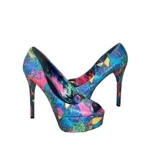 Brian‎ Atwood Bambola Multicolored Snakeprint Peep Toe Platform Heels Size 8.5